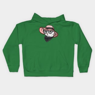 Elegant Cat Woman face with wide brimmed hat, sunglasses and scarf Kids Hoodie